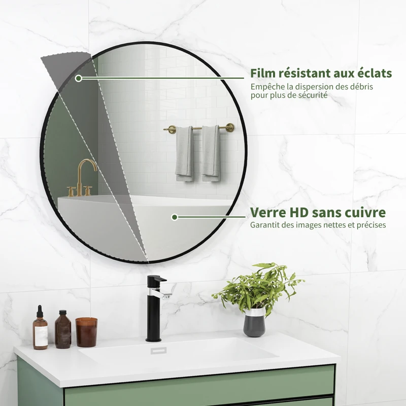 HOMCOM Miroir rond miroir salle de bain cadre en métal facile à installer, pour chambre, salon, entrée, Ø 70 x 2,5 cm noir