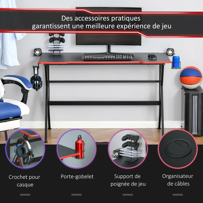 HOMCOM Bureau gaming racing bureau gamer bureau informatique bracket supports casque enceintes porte-gobelet métal plateau MDF texture carbone rouge noir