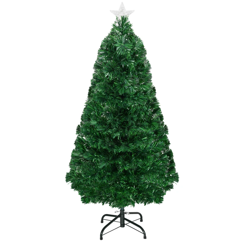 HOMCOM Sapin de Noël Artificiel Lumineux 120H cm Fibre Optique LED Multicolore + Support Pied 130 Branches étoile Sommet Brillante Vert