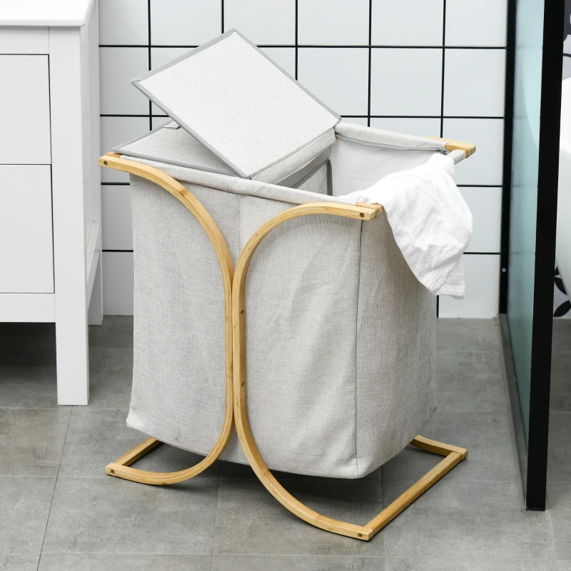 HOMCOM Panier à linge sale panier de rangement bac en bambou 2 paniers en tissu avec couvercle - 55L x 40l x 62H cm gris foncé