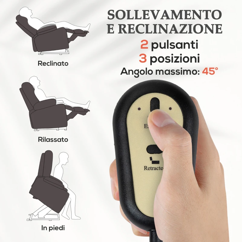 HOMCOM Poltrona Alzapersona Reclinabile a 145° con Telecomando e Poggiapiedi, in Pelle PU Marrone Scuro, 67x95x105 cm