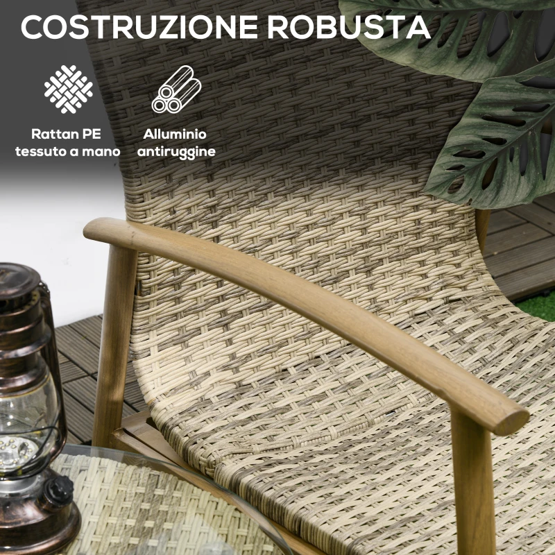 Outsunny Salotto da Giardino in Rattan con 2 Poltroncine con Cuscini e Tavolino in Vetro, Marrone e Grigio