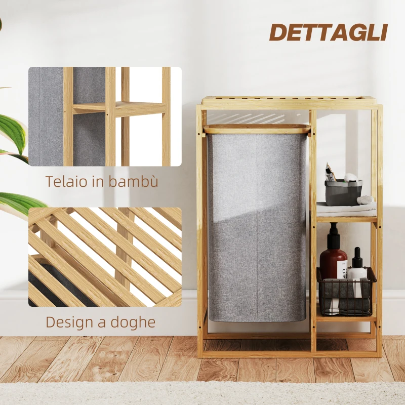 HOMCOM Cesto Portabiancheria con Borsa Estraibile e Ripiani a Doghe in Bambù, 50x32x70 cm, Grigio