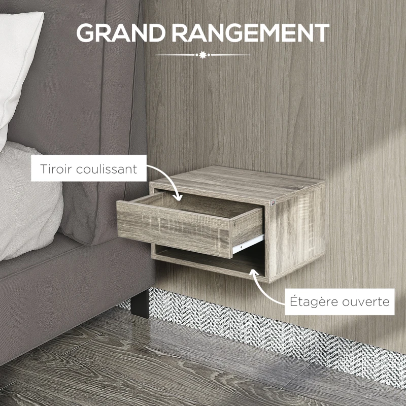 HOMCOM Lot de 2 tables de chevet murales table de nuit tiroir coulissant niche plateau en bois dim. 37L x 32l x 21H cm Gris