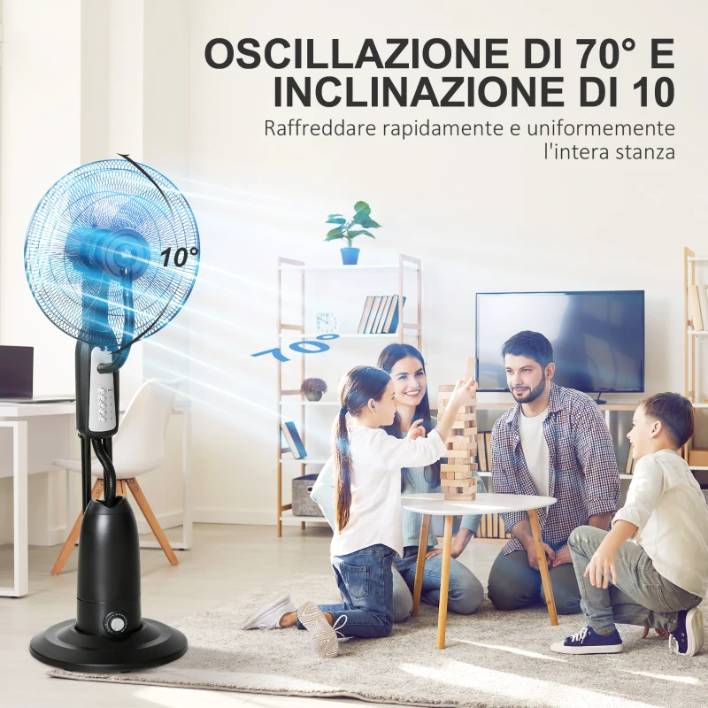 HOMCOM Ventilatore Nebulizzatore 90W a 4 Ruote con Serbatoio 2.8L e 4 Velocità, in Metallo, PE e ABS, 44.5x38.5x120 cm