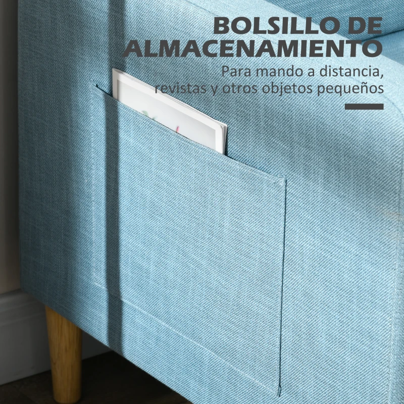 HOMCOM Sofá de 2 Plazas Tapizado en Poliéster con 2 Bolsillos Laterales Reposabrazos y Patas de Madera 143x76x83 cm Azul Claro
