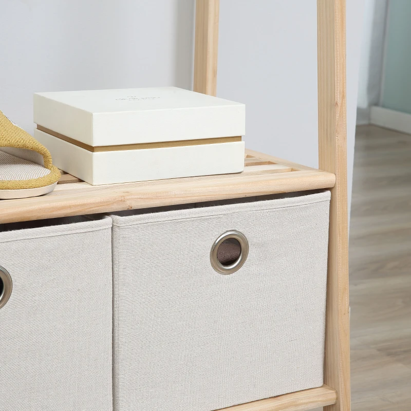 HOMCOM Appendiabiti in Legno Naturale con 4 Ganci, 3 Mensole e 2 Cassetti in Tessuto, 58x36x168cm