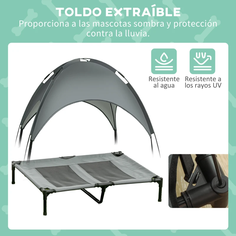 PawHut Cama Elevada para Mascotas Portátil con Toldo Extraíble Tela Transpirable al Aire Libre para Interior y Exterior 92x76x90 cm Gris
