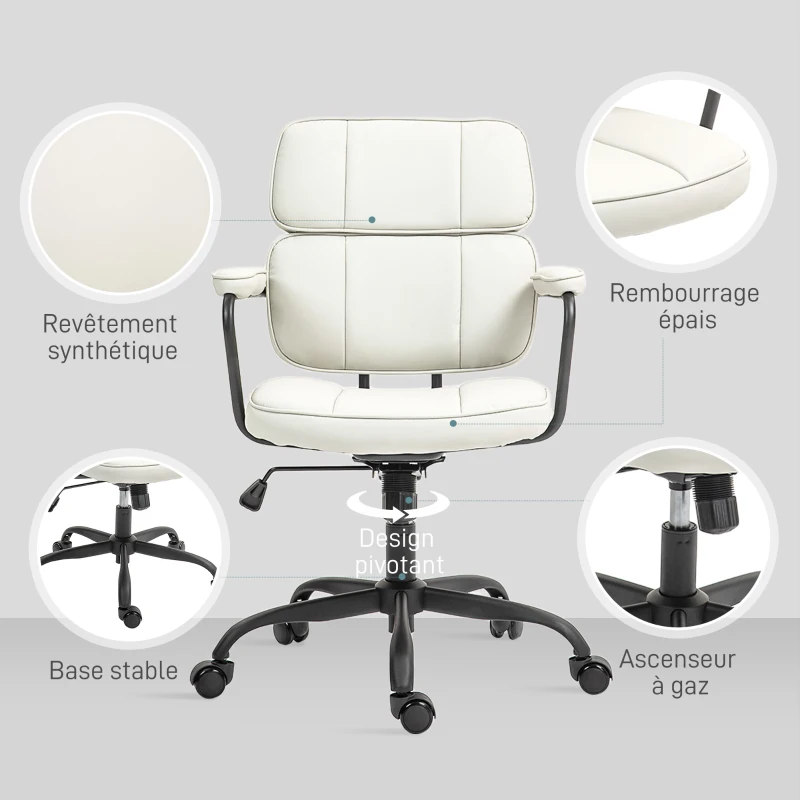 HOMCOM Chaise bureau fauteuil de bureau avec fonction à bascule, hauteur réglable et pivotant 60,5 x 59 x 89-97 cm, crème