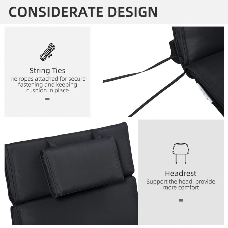 Outsunny Garden Sun Lounger Cushion Replacement Soft Sunbed Reclining Chair Relaxer Pad with Pillow, Cushion ONLY - Black