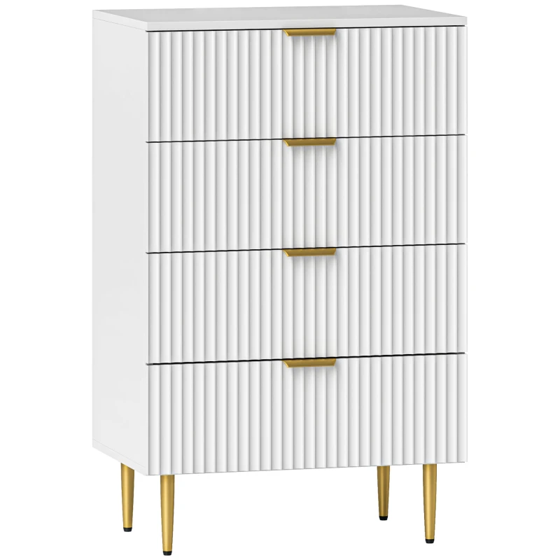 HOMCOM Commode 4 tiroirs commode chambre meuble de rangement moderne avec poignées et pieds dorés, dim. 60 x 40 x 96 cm, blanc