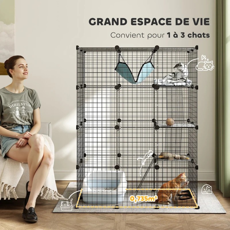 PawHut Cage pour chat d'intérieur parc pour chat en acier à 4 niveaux DIY avec 5 portes hamac 1-3 chats 105 x 70 x 140 cm noir