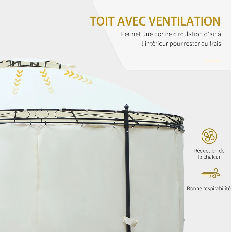 Outsunny Tonnelle pavillon de jardin rond dim. Ø 3,5L x 2,75H m double toit 6 rideaux latéraux polyester crème métal époxy noir