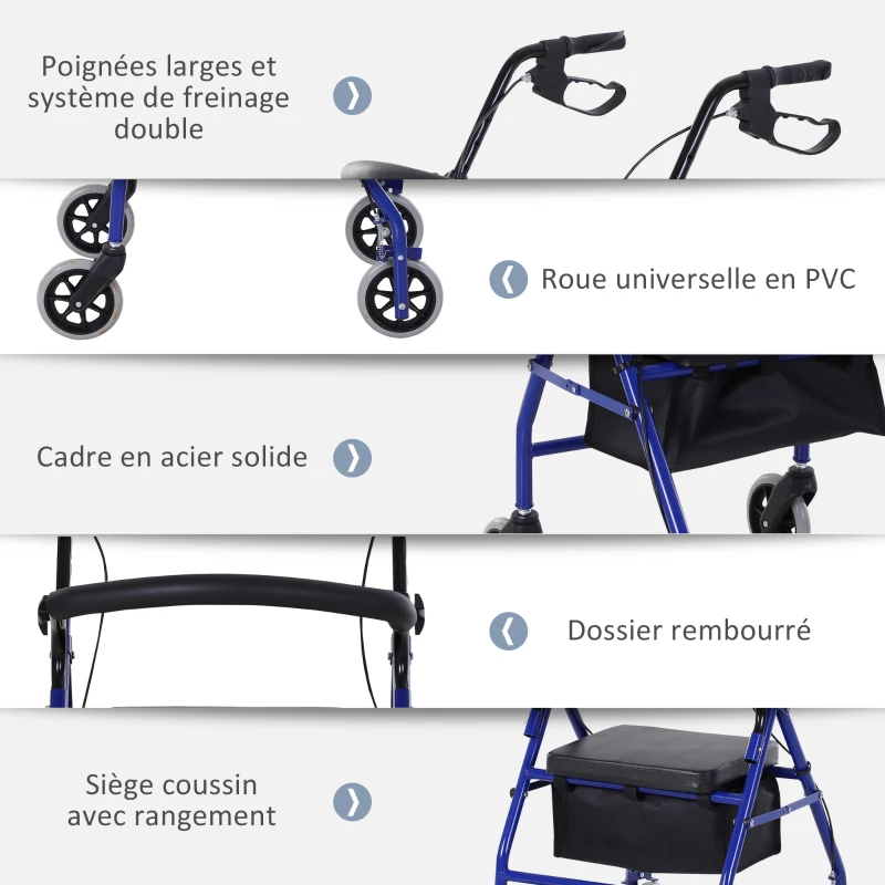 HOMCOM Déambulateur 4 roues - déambulateur pliable léger - assise + dossier rembourré - poignées ergonomiques, freins à main - panier rangement - métal bleu