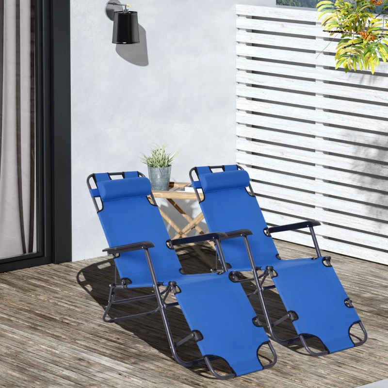 Outsunny 2 in 1 Folding Sun Lounger Reclining Garden Chair Set of 2 with 2-Level Adjustable Backrest, Outdoor Zero Gravity Recliner Garden Chairs with Head Pillow and Armrests, Blue