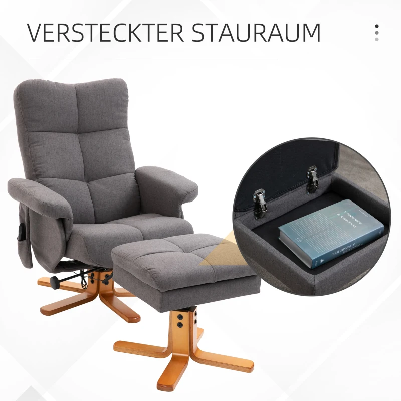 HOMCOM Fauteuil relaxant avec repose-pieds, espace de rangement, fauteuil de massage électrique avec fonction de couchage, fauteuil de télévision pivotant avec poche latérale, télécommande, cadre en bois, polyester, Gris foncé