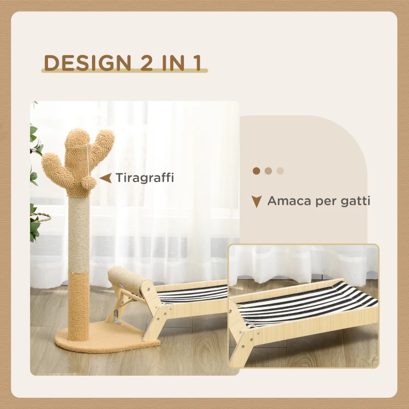 PawHut Amaca per Gatti con Tiragraffi per Gatti a forma di Cactus Design 2 in 1 per Interni, 88.5x31.5x76.5 cm