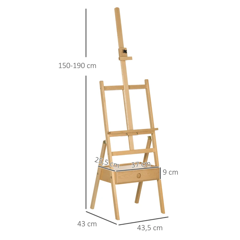 Vinsetto Caballete de Pintura Sostiene Lienzos hasta 92 cm Caballete de Madera Ajustable con Cajón 43,5x43x150-190 cm Natural