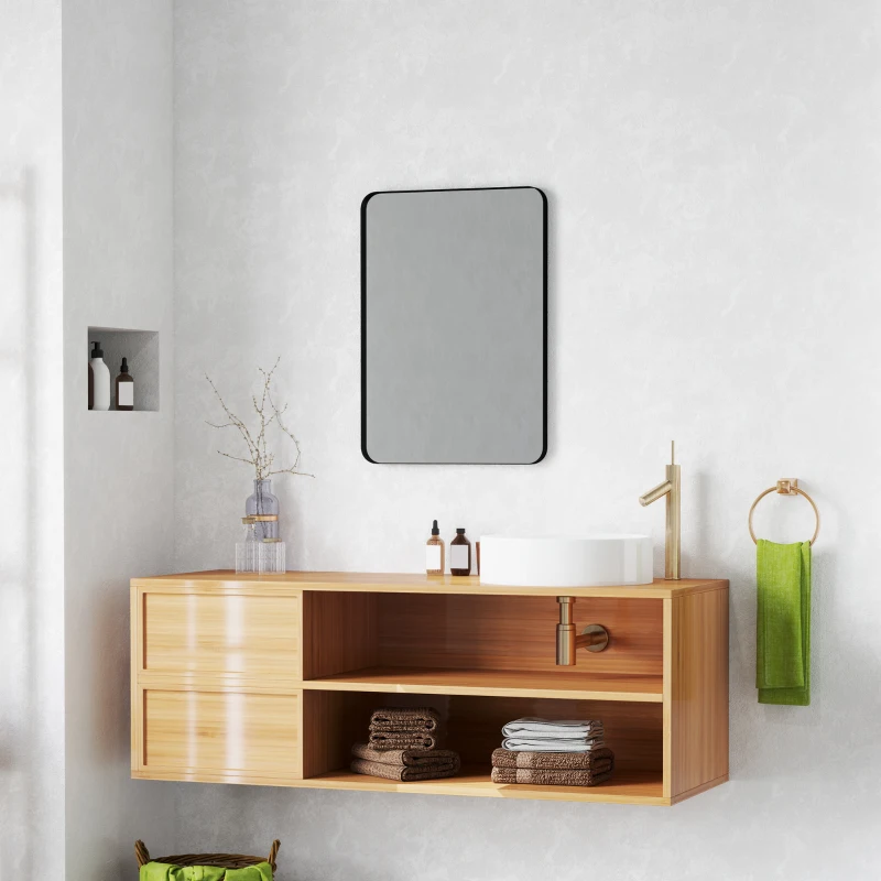 HOMCOM Miroir murale miroir salle de bain rectangulaire avec cadre en alliage d'aluminium noir pour chambre, salon 50 x 70 cm
