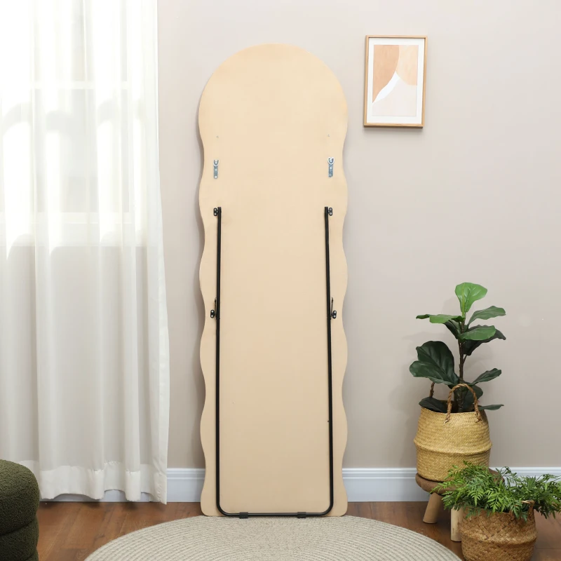 HOMCOM Espejo de Cuerpo Entero 160x50 cm Diseño Ondulado Marco con Tela de Terciopelo para Salón Dormitorio Beige