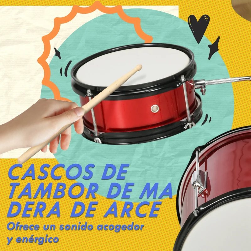 AIYAPLAY Batería para Niños de +3 Años con Taburete Ajustable Tambores Bombo Platillo Pedal y Baquetas 80x60x48-65 cm Rojo