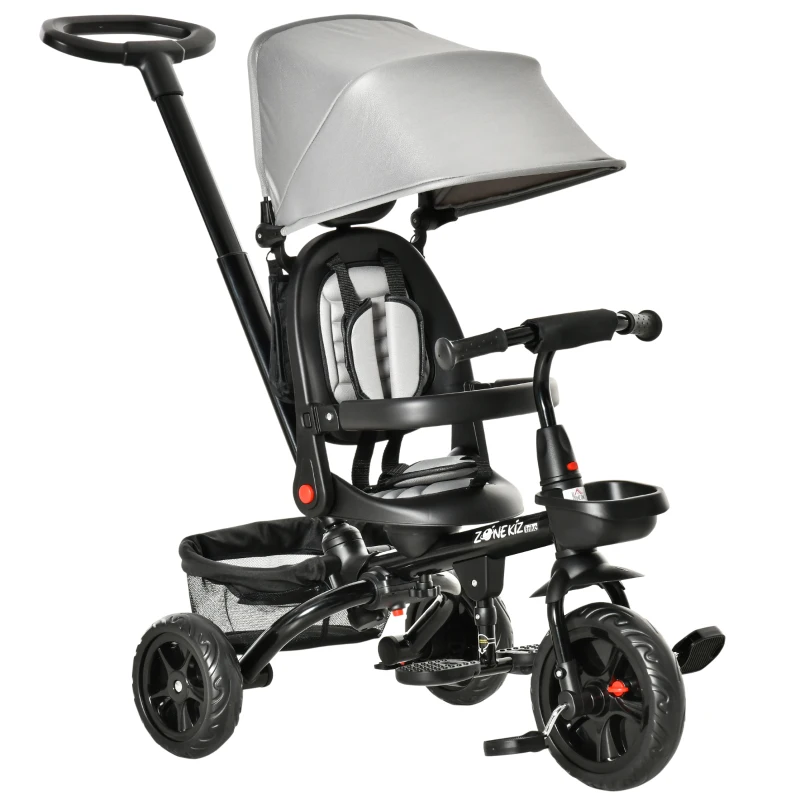 HOMCOM 4 in 1 Kids Trike Toddler Foldable Pedal Tricycle w/ Reversible Angle Adjustable Seat Removable Handle Canopy Belt Brake for 1-5 Years - Grey
