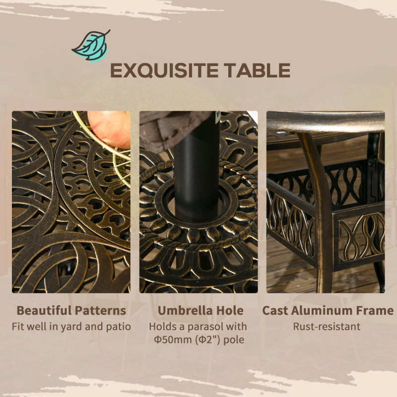 Outsunny 5-Piece Outdoor Furniture Dining Set, Cast Aluminum Conversation Set Includes 4 Chairs and Φ90cm Round Table with Φ50mm Umbrella Hole for Patio Garden Deck, Flower Design