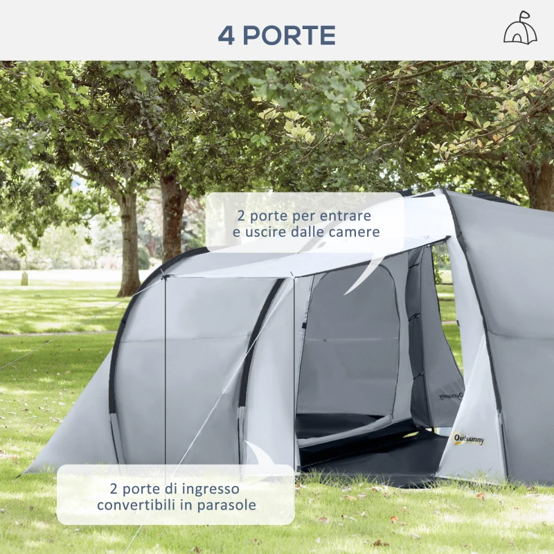 Outsunny Tenda da Campeggio 5 Posti con 2 Camere Impermeabile con Baldacchino, 590x245x193 cm, Grigio