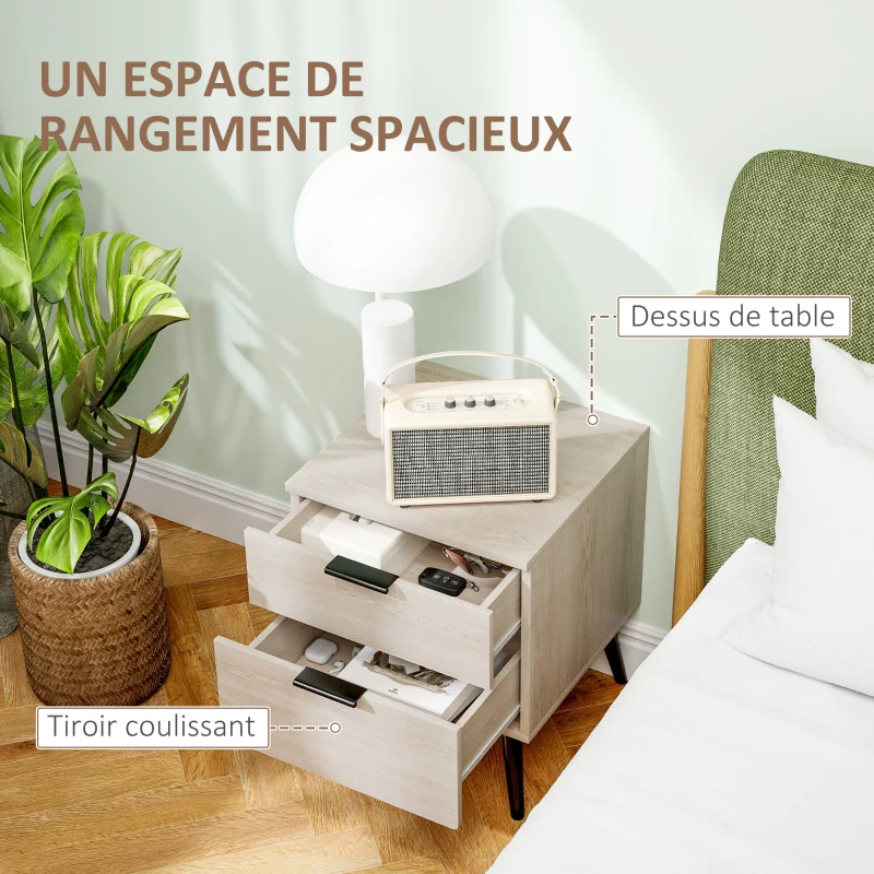 HOMCOM Lot de 2 tables de chevet table de nuit style nordique moderne avec tiroir à deux niveaux 40 x 40 x 50 cm chêne
