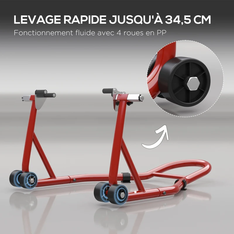 HOMCOM Support pour moto, béquille avant pour moto avec bras oscillant en U et en L, support universel pour atelier, rouge