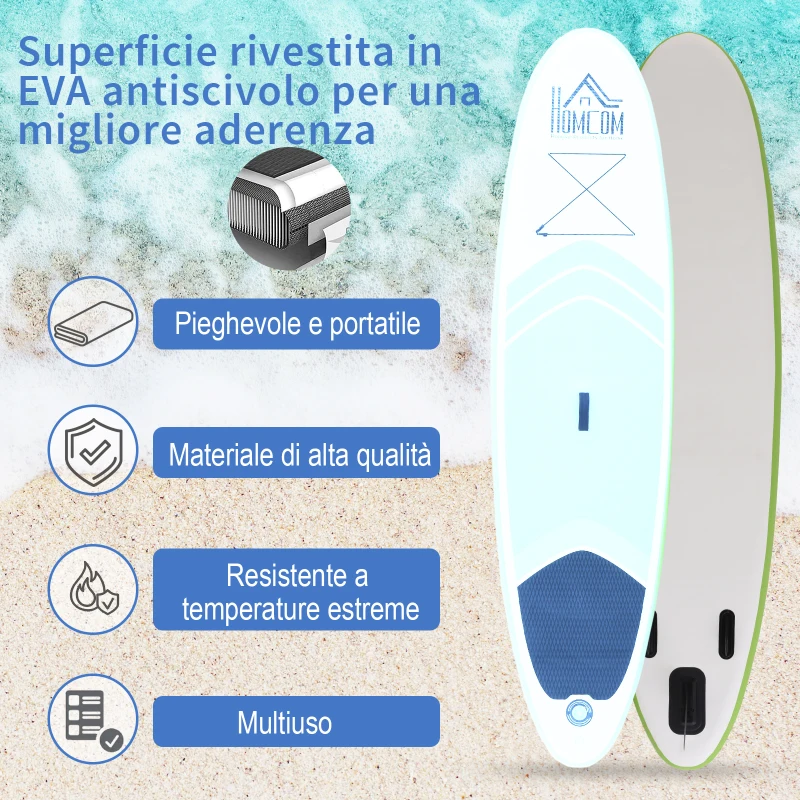 HOMCOM Tavola SUP Gonfiabile con Accessori Inclusi, Tavola da Surf Stand Up Paddle Board per Adulti e Teenager, 305x75x15cm Verde e Bianco