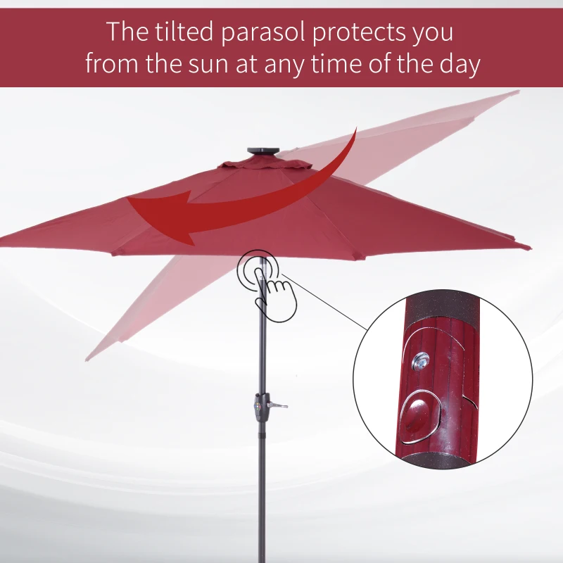 Outsunny Φ2.7m Garden 24 LED Light Parasol Solar Outdoor Tilt Sun Umbrella Patio Club Party Event Manual Sun Shade w/ Hand Crank and 8 Ribs, Red