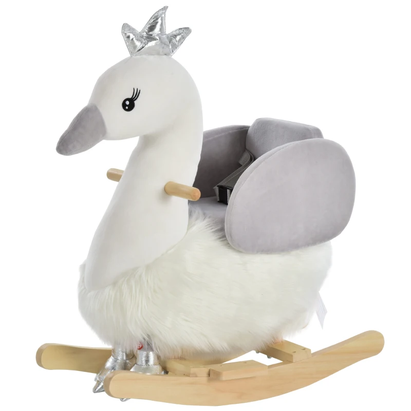HOMCOM Kids Rocking Horse, Children Plush Ride On Swan Animal Rocker w/ Sound, Wood Base Seat, Safety Belt, Baby Toy Rocker for Toddler 18 - 36 Months, White and Grey