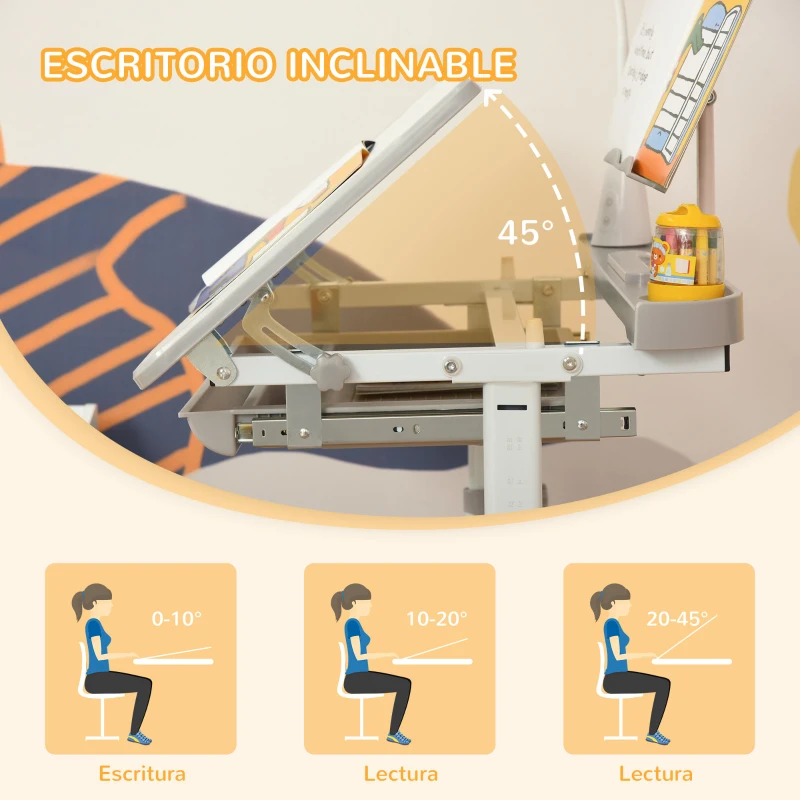 HOMCOM Juego de Escritorio y Silla para Niños de +6 Años Ajustable con Mesa Inclinable Lámpara Cajón y Estante para Libros Gris