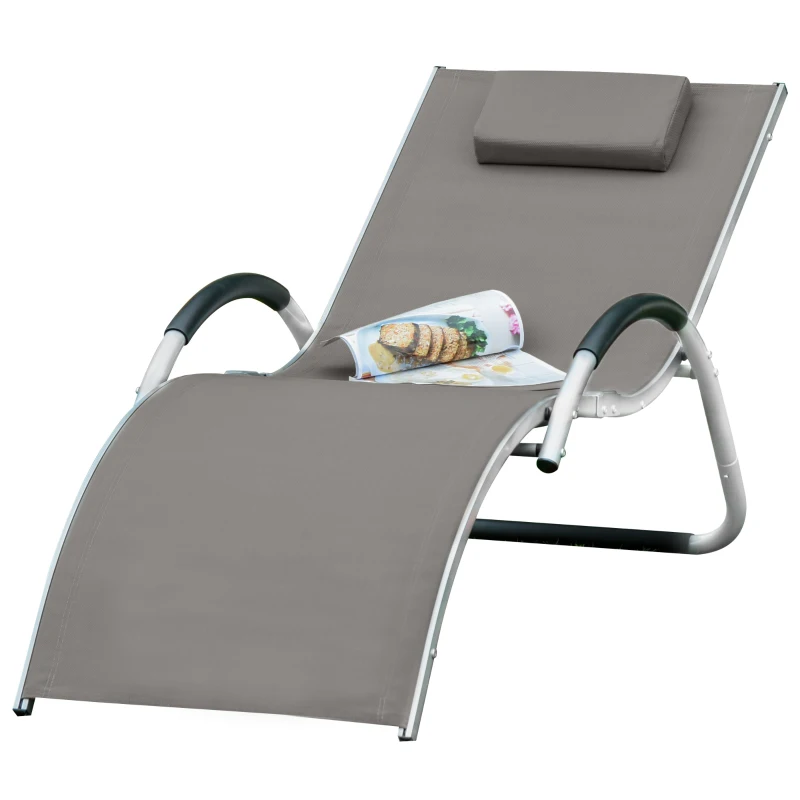 Outsunny Sun Lounger Reclining Chair Portable Armchair with Pillow for Garden Patio Outside Aluminium Frame, Khaki