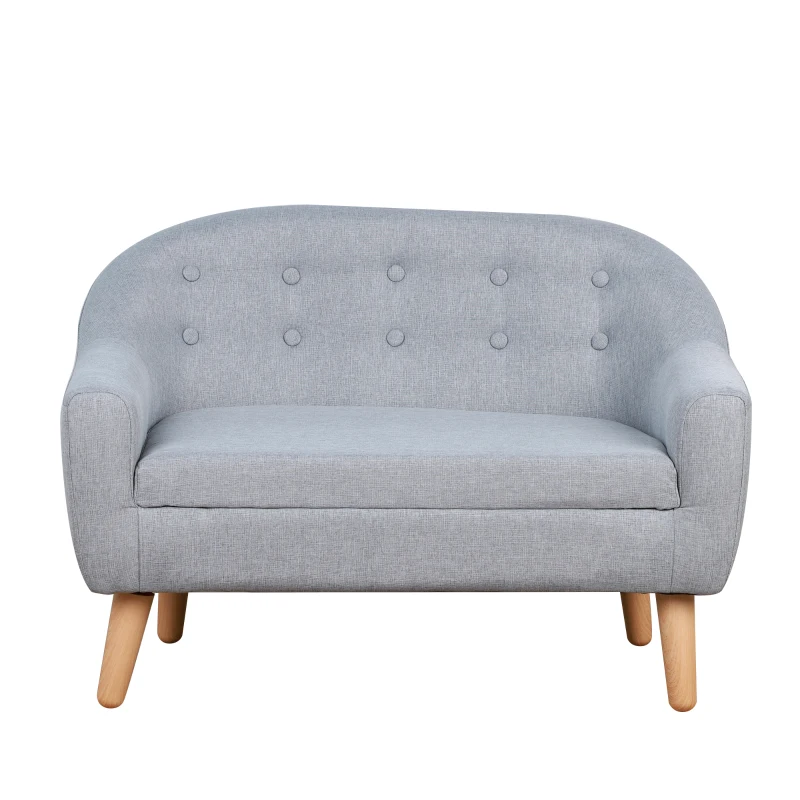 HOMCOM Fauteuil Enfant Canapé Chaise Enfant Design scandinave Grand Confort Dossier capitonné 10 Boutons piètement effilé Aspect Bois Clair revêtement Lin dim. 76L x 51P x 53,5H cm Gris Clair
