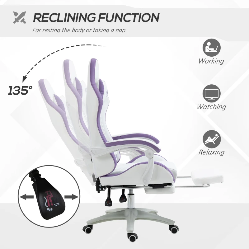 Vinsetto Computer Gaming Chair, PU Leather Office Desk Chair with Footrest, Swivel Wheels, 135° Reclining Back, Lumbar Support, Headrest for Home, White and Purple