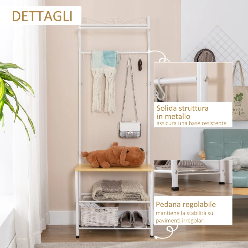 HOMCOM Stand Appendiabiti Attaccapanni per Ingresso Scarpiera a 2 Ripiani 5 Ganci Metallo 60 × 35 × 175cm Bianco e Color Legno