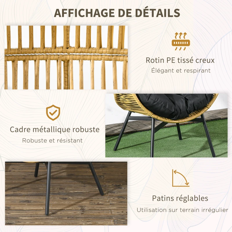Outsunny Fauteuil de jardin cocon sur pied résine effet rotin coussins polyester, structure en métal, dim. 89 x 75 x 143 cm
