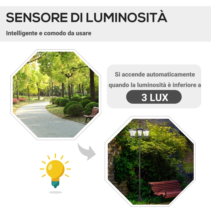 Outsunny Lampada da Giardino Solare 3 LED Lampada da Terra Esterno Classico IP44, 51.5x47x182.5cm