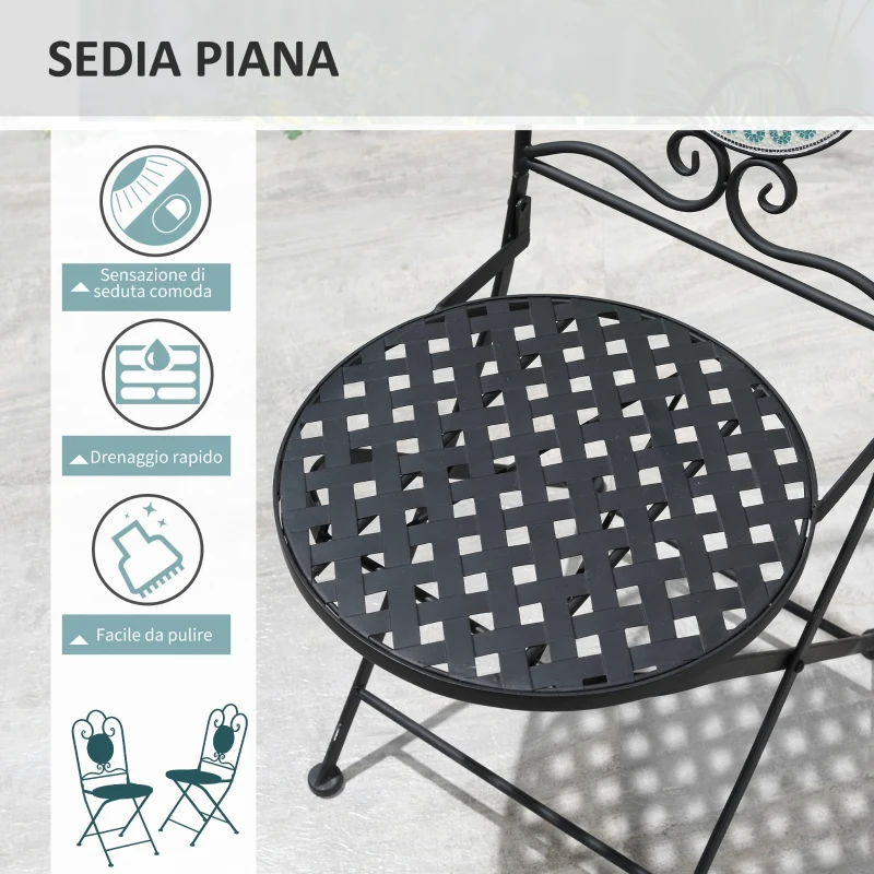 Outsunny Set da Giardino 3 Pezzi con Mosaico, Tavolino e 2 Sedie Pieghevoli, Verde