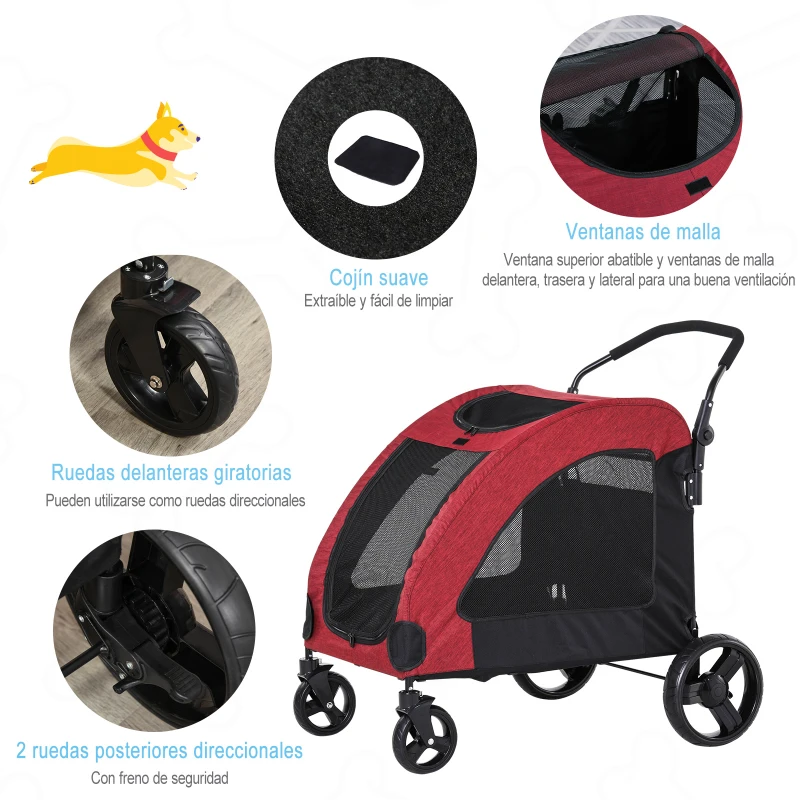 PawHut Cochecito para Mascotas Carrito para Perro Gatos 4 Ventanas Transpirables Buena Ventilación Puerta Grande Cojín Extraíble Carga 35 kg 98x82x110 cm Rojo