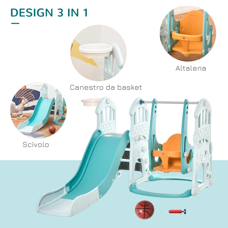 HOMCOM Scivolo 3 in 1 per Bambini con Altalena Regolabile, Canestro e Palle per Cameretta e Giardino, 149x186x98cm, Blu e Arancione