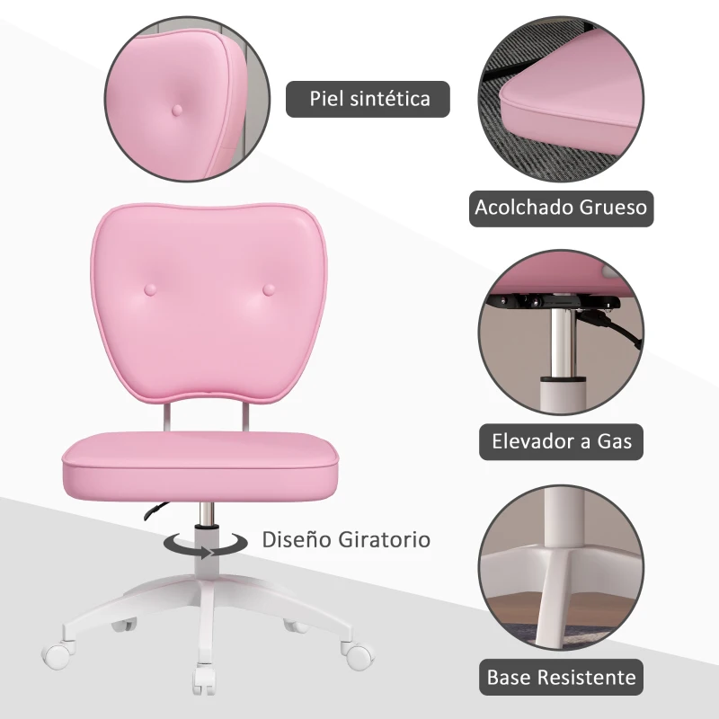 Vinsetto Silla de Oficina Giratoria Tapizada en PU con Altura Ajustable sin Brazos Carga 120 kg 46x59x82-92 cm Rosa
