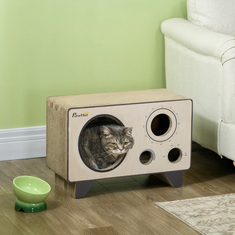 PawHut Griffoir pour chat en forme de radio avec herbe à chat, maison 2 en 1 carton ondulé pour chat chaton 57 x 24,5 x 39 cm