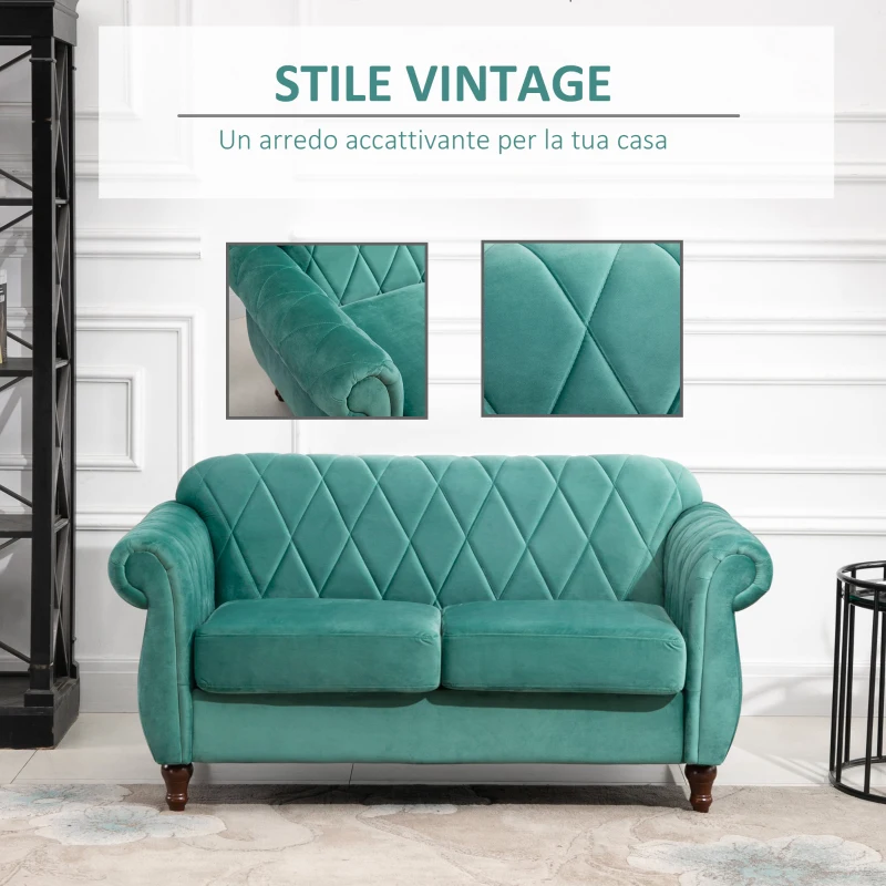 HOMCOM Divano 2 Posti Design Vintage Rétro in Legno e Velluto, 148 x 72 x 76 cm, Verde