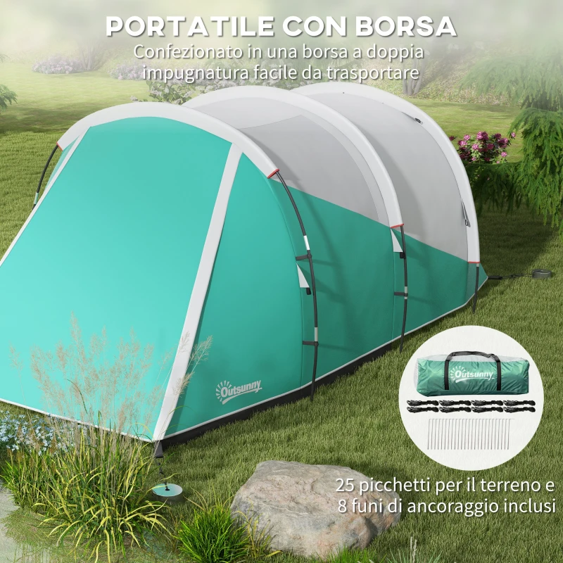 Outsunny Tenda da Campeggio 3 Posti Impermeabile a Tunnel con Borsa di Trasporto, 460x260x190 cm, Verde