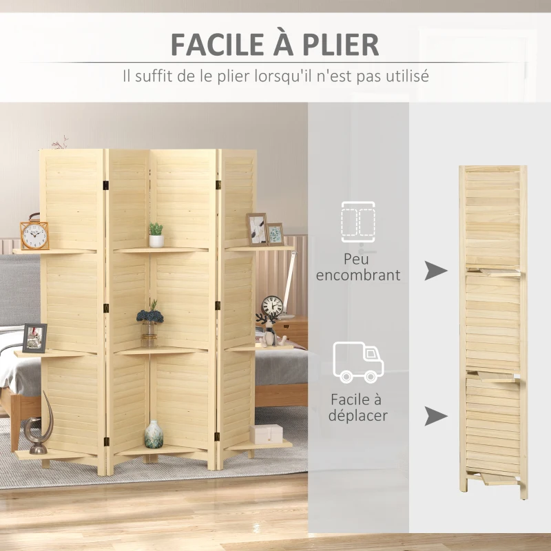 HOMCOM Paravent intérieur 4 panneaux 160L x 170H cm 3 étagères pliables séparateur de pièce portes persiennes naturel