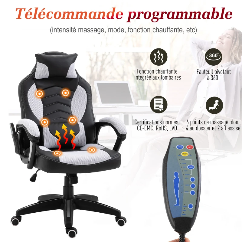 Homcom Fauteil de Bureau Massant et Chauffant Blanc 68 x 69 x 117 cm