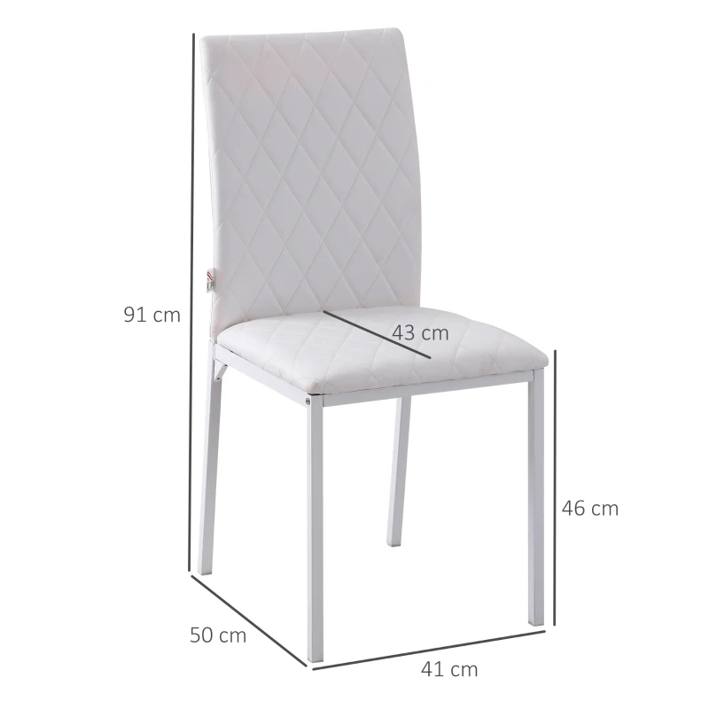 HOMCOM Pack de 4 Sillas de Comedor, Sillas de Cocinas Modernas, Respaldo Alto con Costuras Decorativas de Diamantes, Tapizadas en Cuero Sintético, Patas de Acero, Blanco